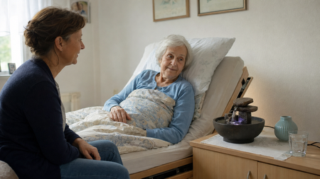 Bettlägerige Seniorin erfreut sich an einem Zimmerbrunnen
